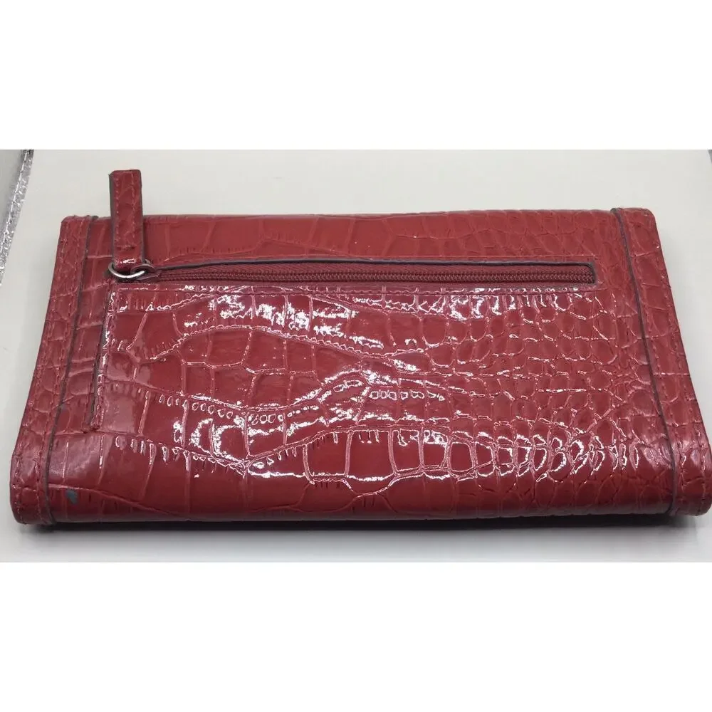 Liz & Co Red Croc Embossed Faux Leather Organizer Clutch Wallet Size 4x7x1